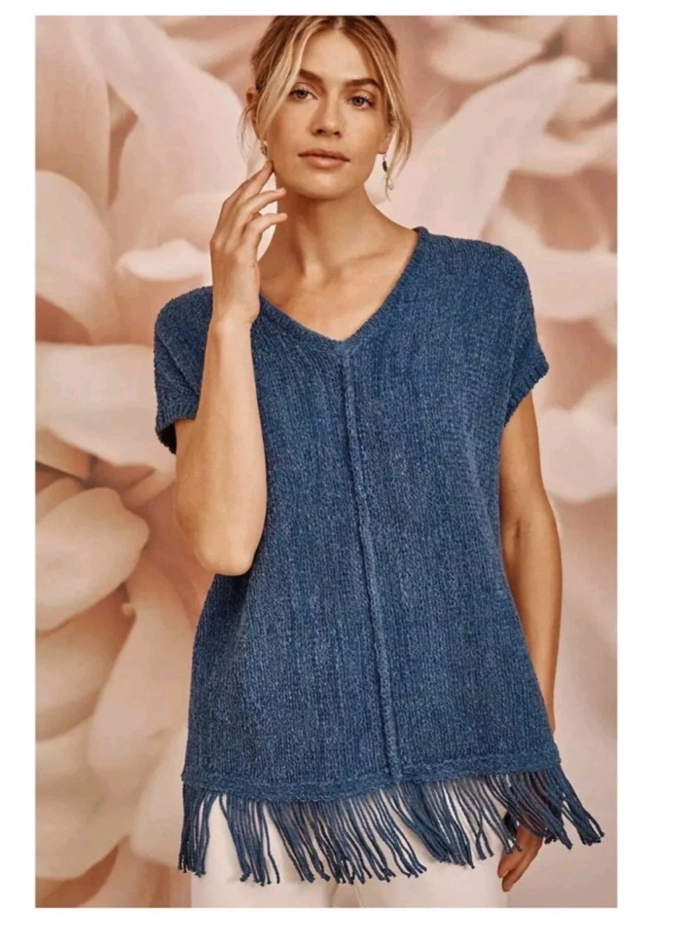 Pure Jill J. Jill Fringed Hem V-Neck Sweater Vest Poncho Blue XL NWOT